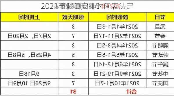 2021节假日安排时间表法定